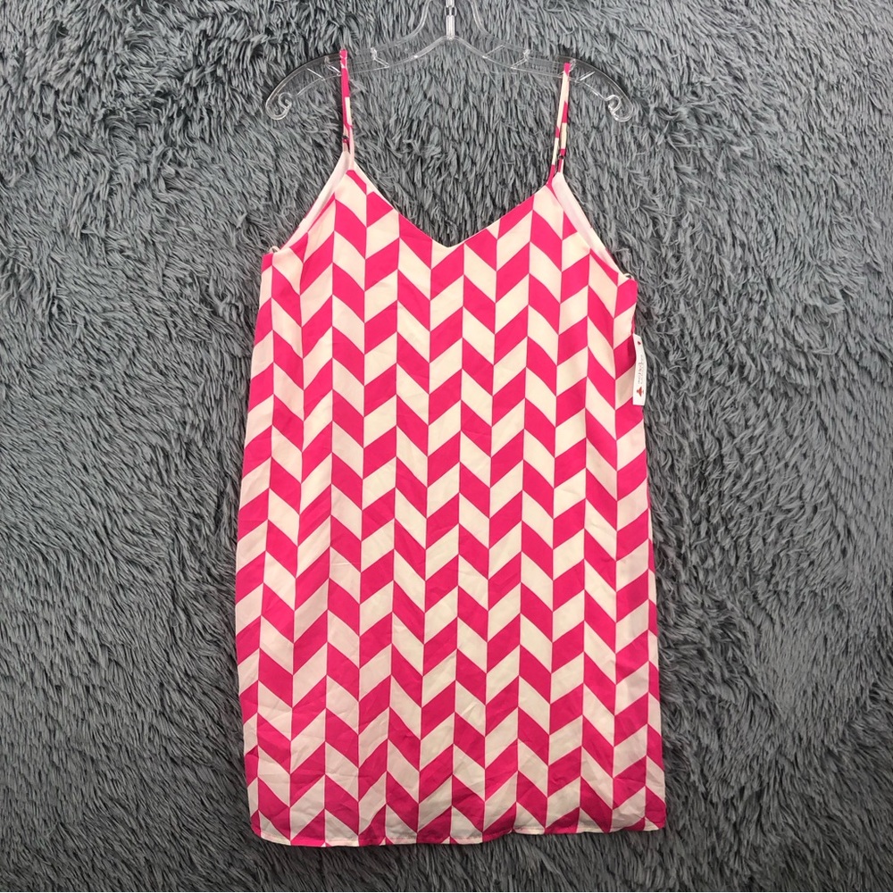 Everly Dress Womens Large NWT Pink White Chevron Spaghetti Adj Strap Lined